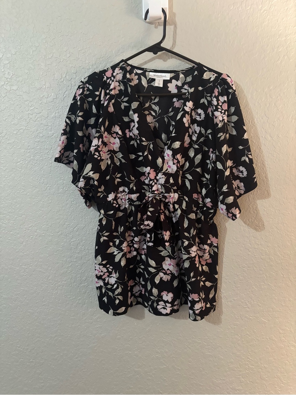 Motherhood Black Floral V-Neck Tie-Waist Blouse with Pink and Cream Flowers